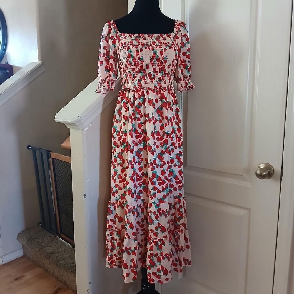Betsey Johnson Strawberry Fields Tiered Smocked Maxi Dress S Cottagecore Fairy